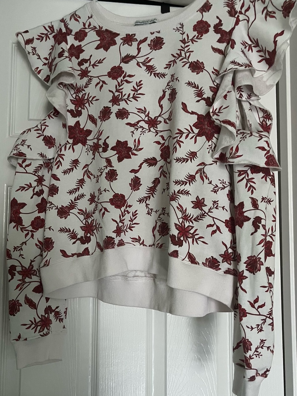 Rebecca Minkoff Cream Sweatshirt with Burgundy Floral Ruffle Sleeves